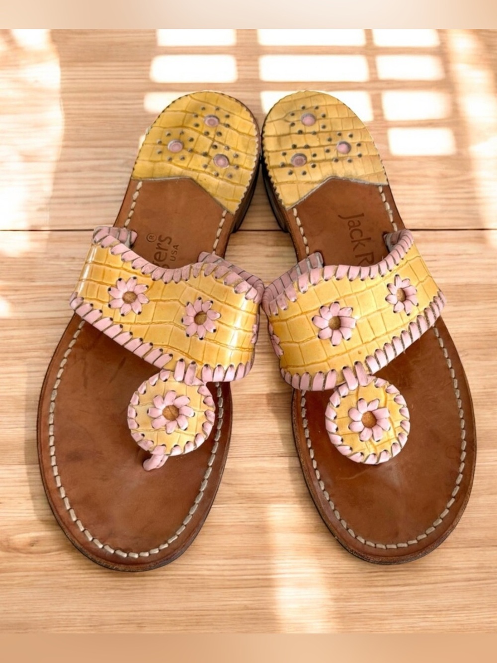 Jack Rogers Yellow Embossed Leather Pink Trim Thong Sandal